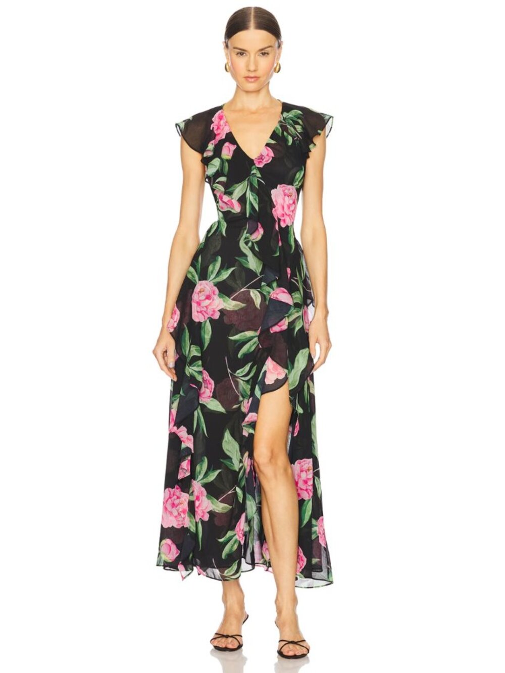 NWT MISA Los Angeles Lilith Ruffled Maxi Dress Pink Peony Floral Size S